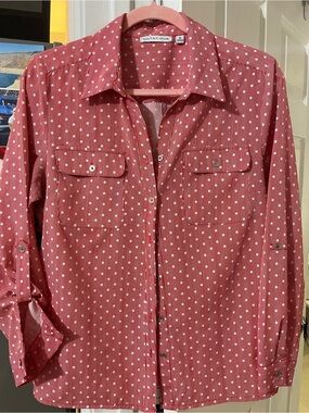 2 Notations Pink-Red Polka Dot Button-Front Blouse and black and white striped.